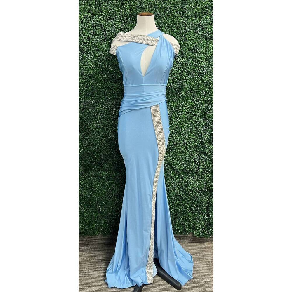 NEW JESSICA ANGEL asymmetrical neckline floor-length gown in copen